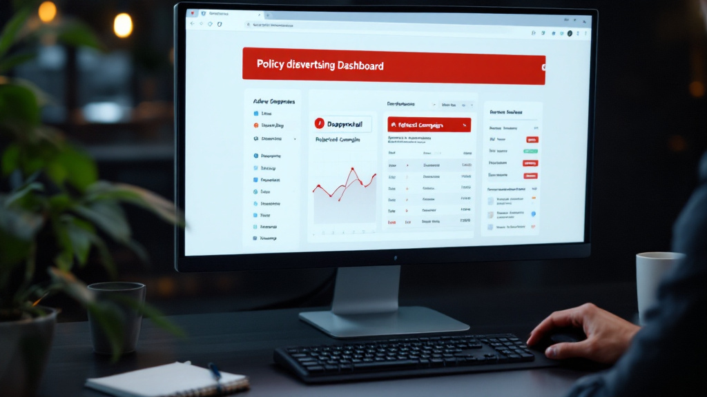 Advertising dashboard on a monitor showing a red policy disapproval banner over a rejected Google Ads campaign