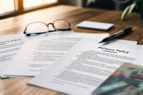 Printed privacy policy, terms of service and contact card documents on a desk beside reading glasses