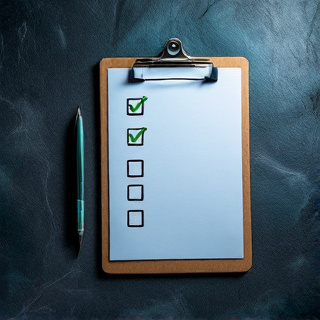 Overhead view of a clipboard compliance checklist with green ticks and one unchecked box