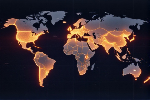 World map with several regions blocked by a red barrier representing Google Ads geographic restrictions