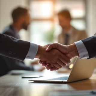 Two people shaking hands over a laptop representing an agency account partnership
