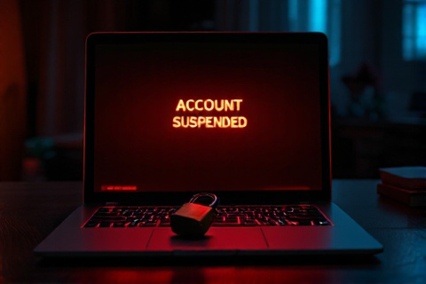 Laptop screen glowing red in a dark room with a padlock, representing a Google Ads account suspension