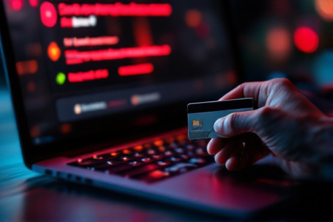 Hands holding a bank card in front of a laptop showing a declined payment error