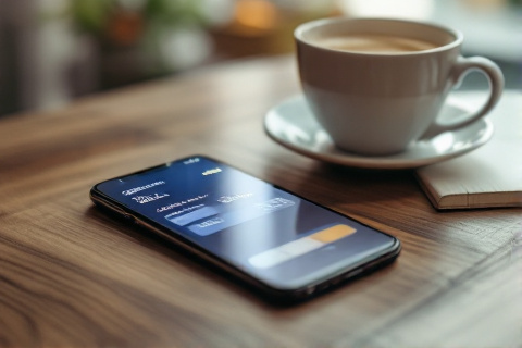Smartphone showing a fintech virtual dollar card app on a desk