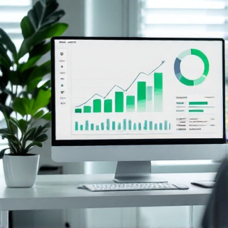 Monitor showing an upward-trending green analytics dashboard