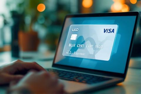 Virtual USD card on laptop screen with payment confirmation