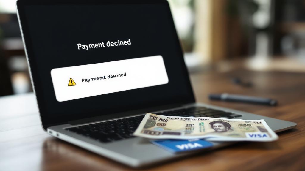 Laptop showing payment declined error with Pakistani rupee banknotes and Visa debit card on wooden desk