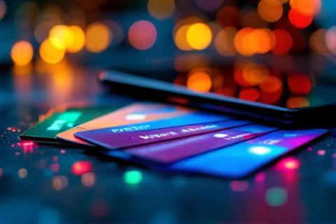 Virtual payment cards fanned out on dark surface with smartphone showing digital wallet app