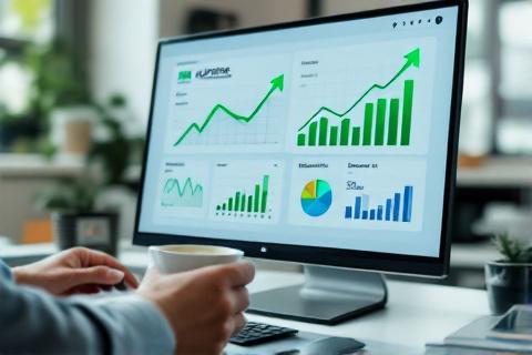 Advertising performance dashboard showing rising campaign metrics and growth graphs on a monitor