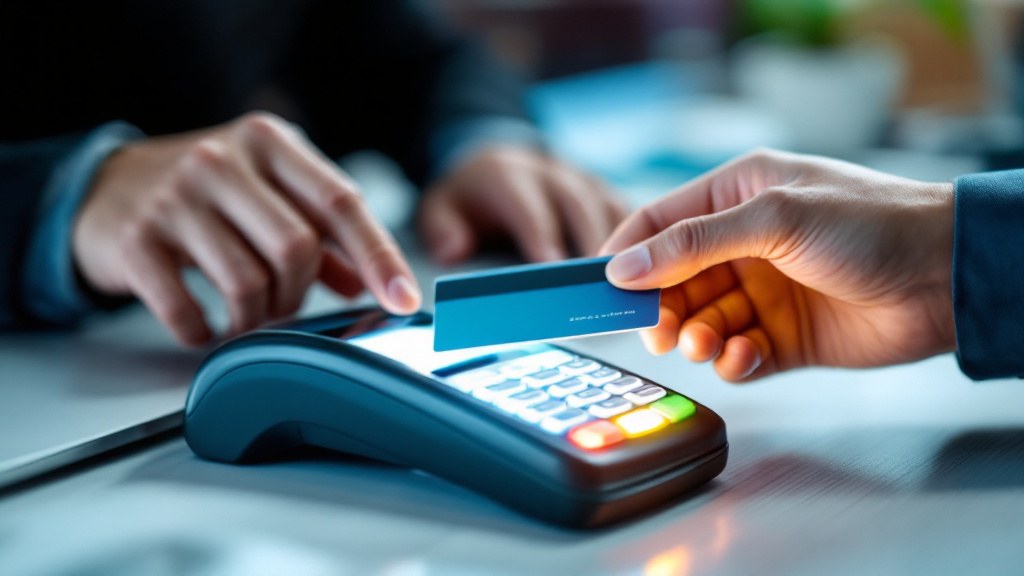 A hand inserting a bank card into a payment terminal next to a laptop, illustrating a Google Ads card payment