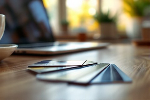 Several credit cards fanned out on a desk beside a laptop, representing backup payment methods