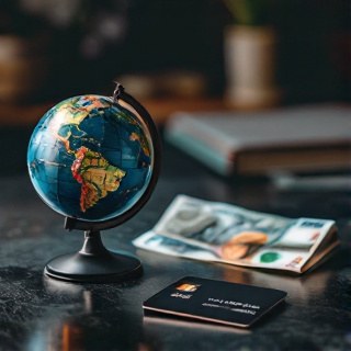 A desk globe beside foreign currency and a credit card, symbolizing cross-border payment limits