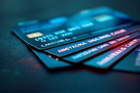 International bank cards fanned out with one card lit by a red warning glow indicating a declined Google Ads payment