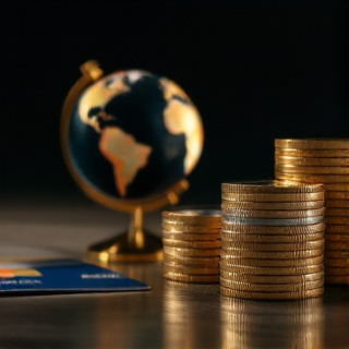 Stack of coins beside a globe and a credit card representing cross-border Google Ads funding