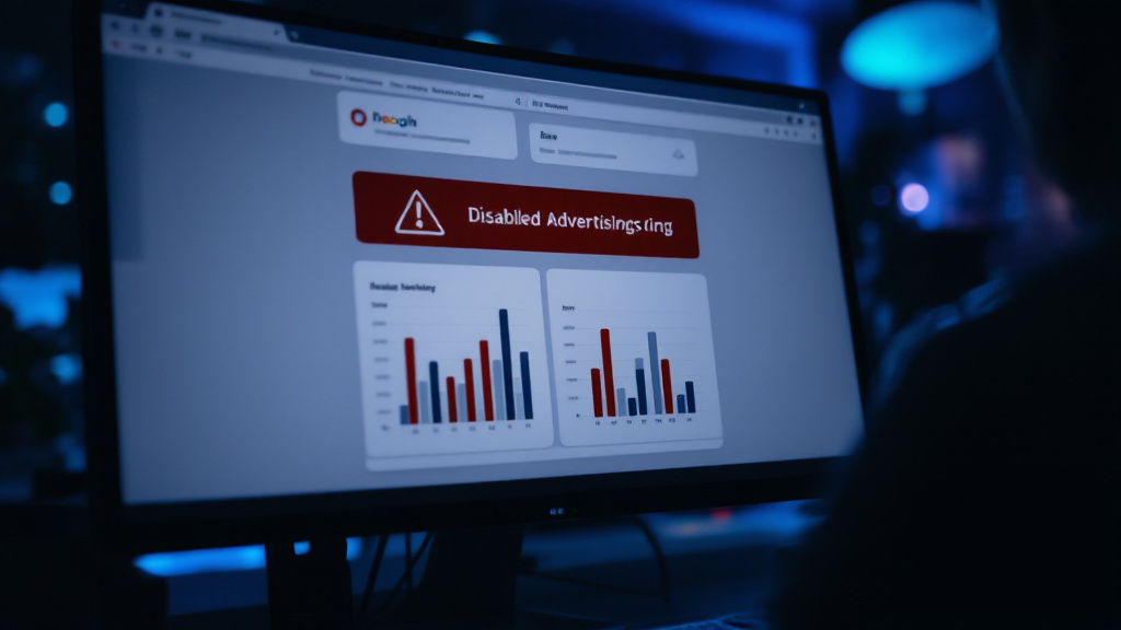 Greyed-out Google Ads dashboard on a monitor in a dark office after account suspension