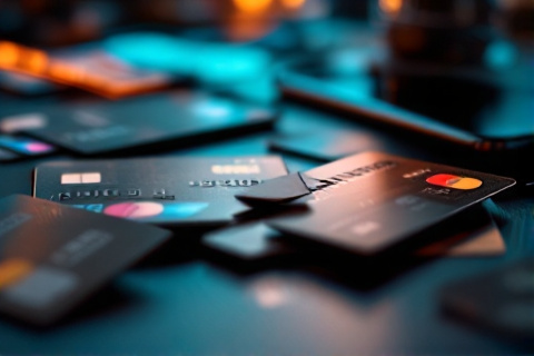 Credit cards on a dark desk with one card cut in half, illustrating a blocked payment method