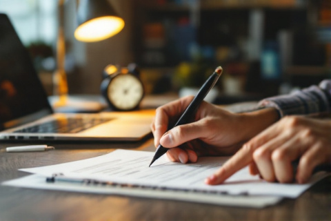 Hands filling out an appeal form at a desk next to a laptop under warm lamp light