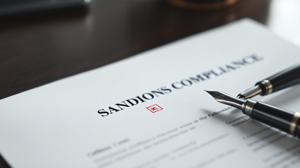 Official government sanctions compliance document with an embossed seal on a dark desk