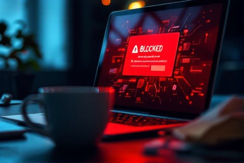 Laptop screen glowing red in a dark office showing a blocked account warning