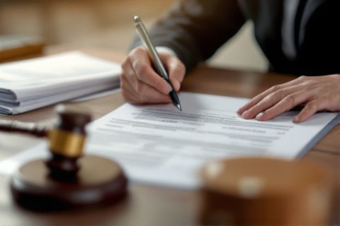 Hands filling out a formal legal appeal form with a pen beside a gavel and documents