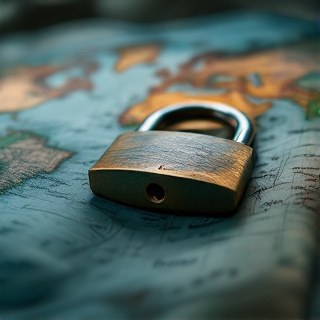 Brass padlock resting on a folded world map