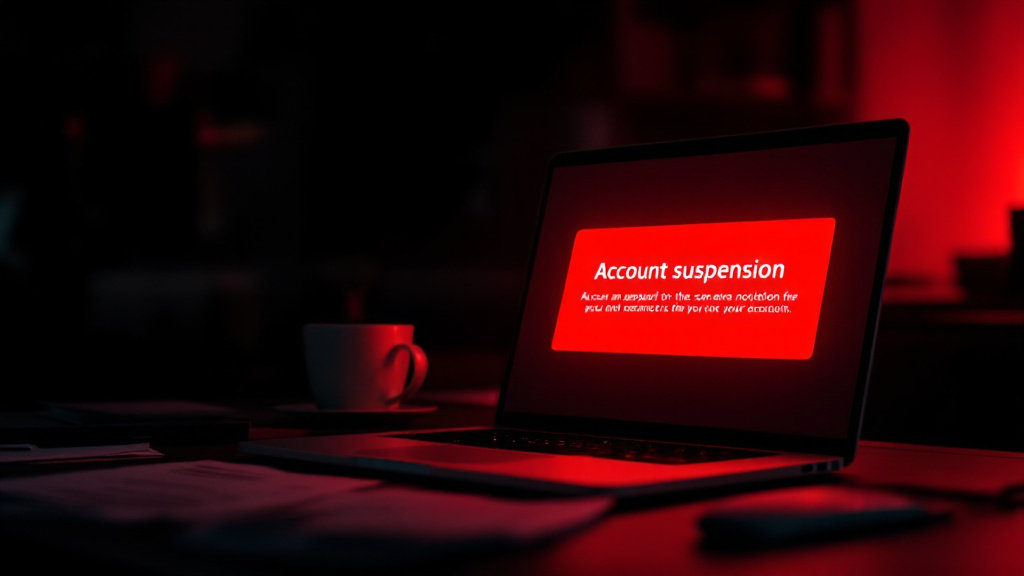Laptop screen showing Google Ads account suspension warning notification in a dark office