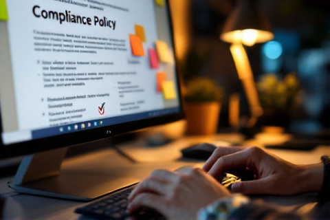 Hands reviewing advertising compliance policy documents on a computer screen