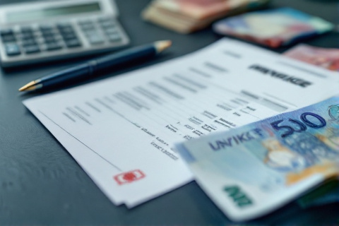 Invoice, calculator and Turkish lira banknotes on a dark desk