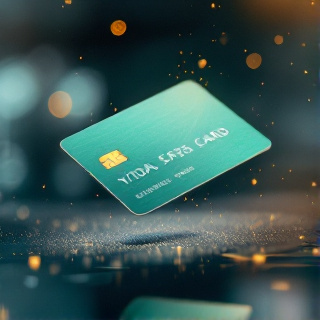 Teal virtual payment card floating above a dark reflective surface
