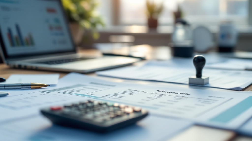 Ukrainian accountant desk with Google Ads tax invoices, calculator and laptop showing billing screen