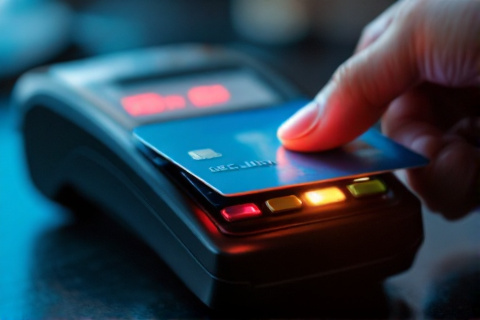Bank card declined at a payment terminal with a red indicator light