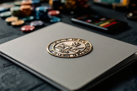 Gambling licence folder with embossed seal beside casino chips and a betting app on a smartphone