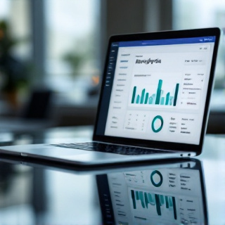 Laptop showing a rising teal analytics dashboard on a dark desk