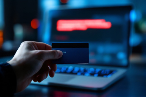 Hand holding a bank card in front of a laptop screen showing a blurred red payment error dialog