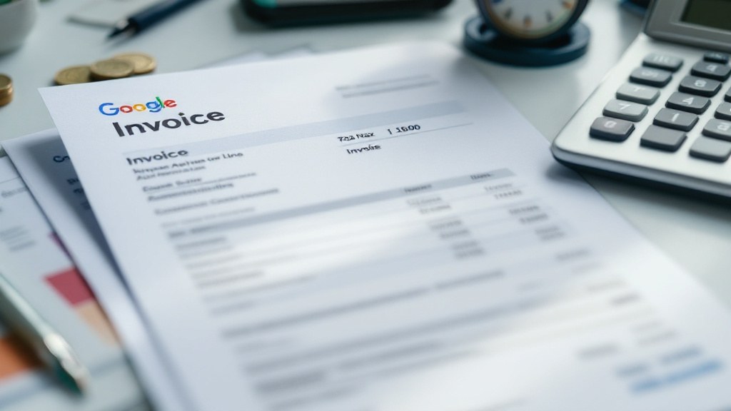 Google Ads invoice on a desk with a VAT tax line highlighted next to a calculator and euro coins