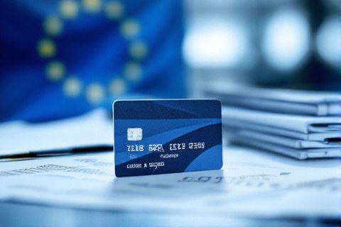 European Union flag behind a credit card and financial paperwork representing EU VAT on advertising