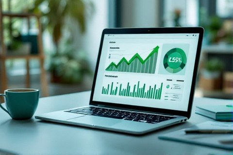 Laptop showing a rising business growth dashboard, representing scaling ad spend through an agency account