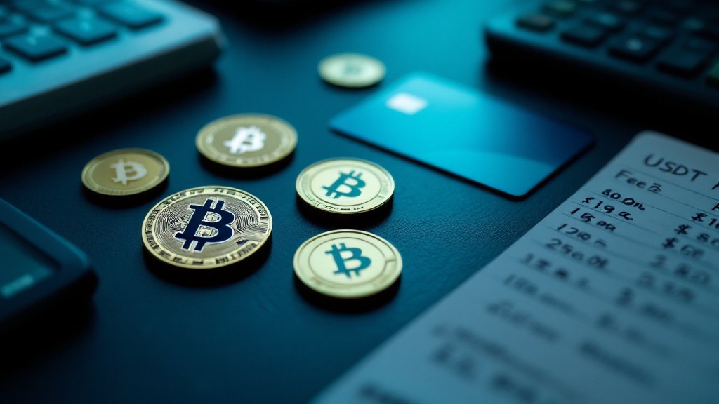 Flat lay of USDT crypto coins, a bank card, and a calculator with a fee breakdown on a dark desk