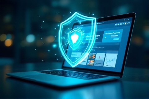 A glowing translucent shield hovering over a laptop showing a healthy Google Ads dashboard