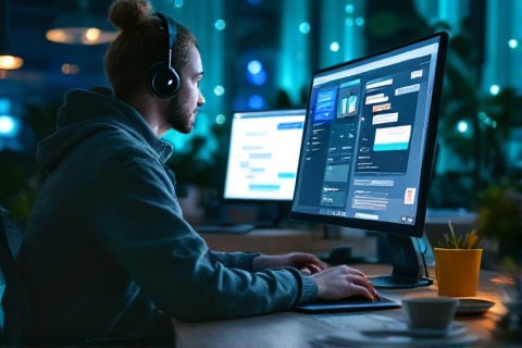 A support specialist wearing a headset looking at a live chat dashboard in a modern office