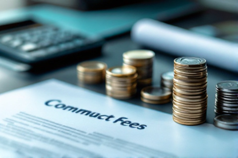 Calculator, stacked coins and a contract representing Google Ads agency account rental fees and commissions