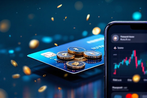 Smartphone crypto wallet and bank card showing USDT converting to currency for a Google Ads top-up