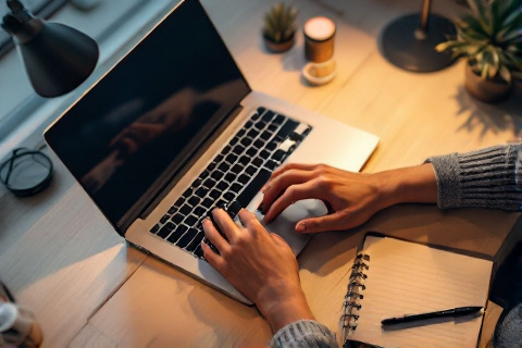 Hands typing a Google Ads appeal on a laptop with a notepad nearby