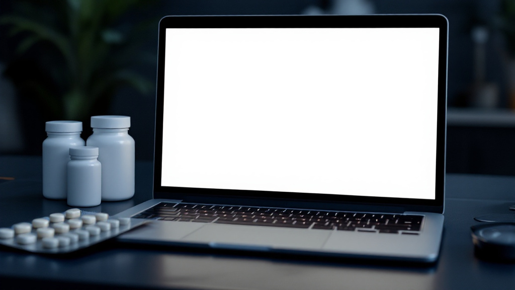 An open laptop with a blank screen beside unbranded white supplement bottles and a blister pack of capsules on a dark desk