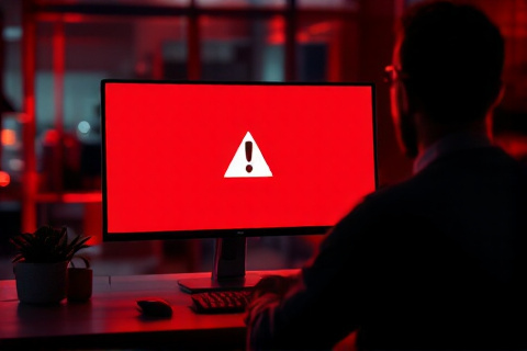 A desktop monitor glowing red in a dark office showing a large warning icon with a person silhouetted in front of it