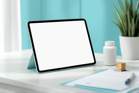 A tablet propped on a clean white desk beside a plain white supplement bottle and a document, showing a minimal landing page mockup