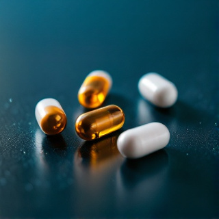 Macro close-up of amber and white supplement capsules on a dark navy surface