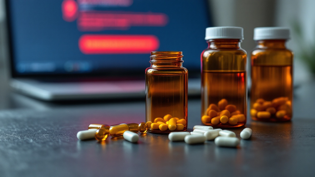 Supplement bottles and capsules on a dark surface with a laptop showing an ad disapproval error