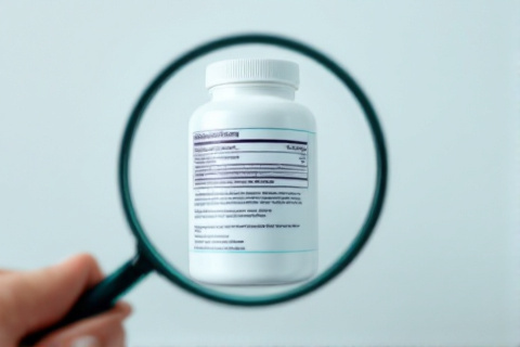 A supplement bottle label examined through a magnifying glass on a clinical white background