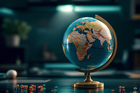 A desk globe with coloured map pins marking several restricted regions